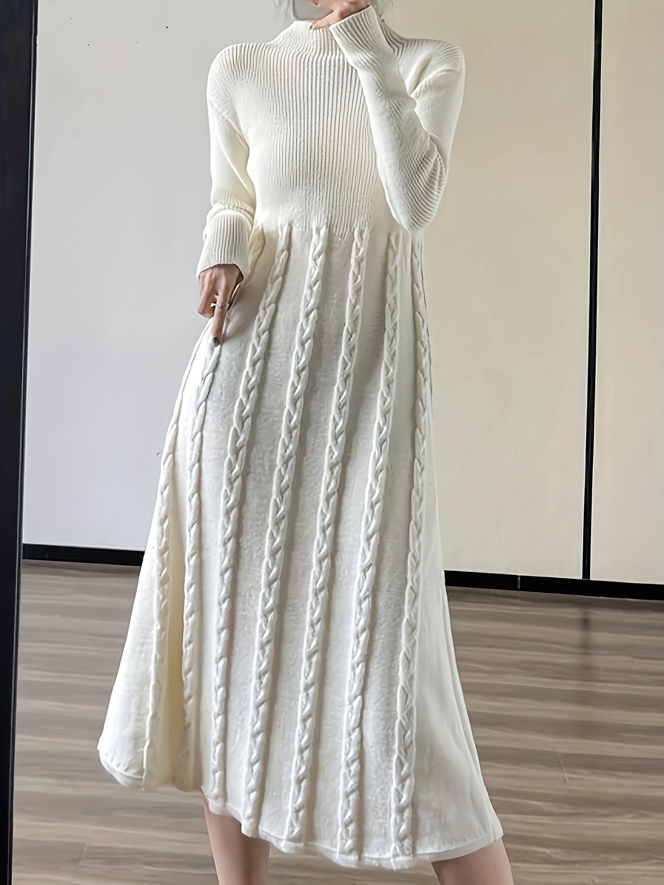 Elegant Long Sleeve Turtleneck Knit Dress - Chic Cable Twist Design, Perfect for Fall/Winter