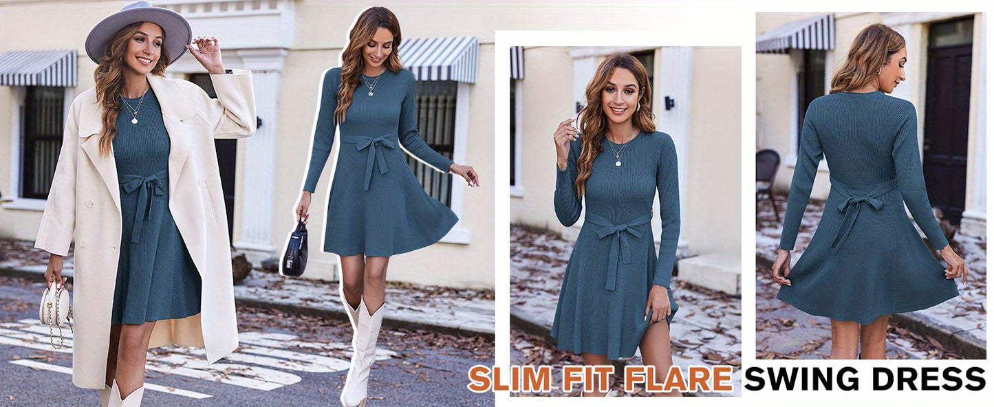 Elegant A-Line Sweater Dress with Belt - Long Sleeve, Crew Neck, Ribbed Knit for Women - Perfect for Fall/Winter