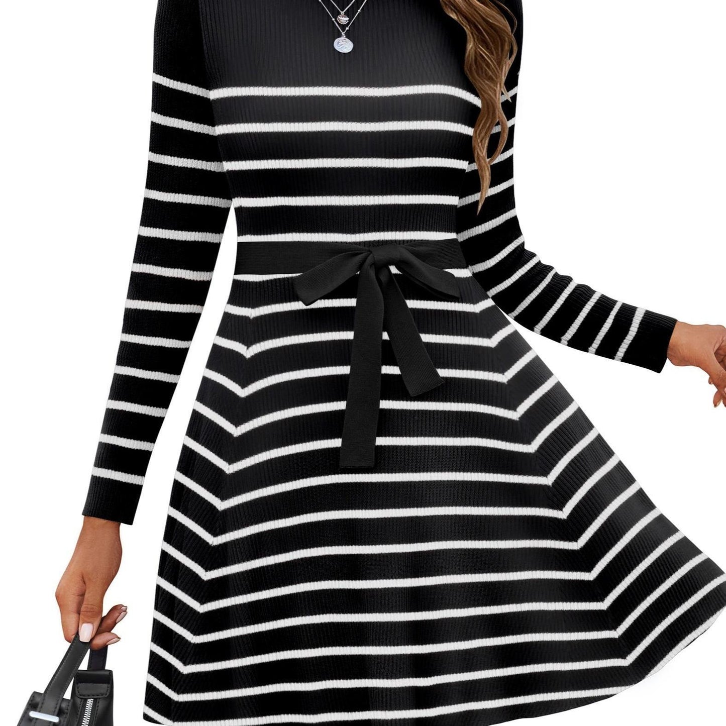 Elegant A-Line Sweater Dress with Belt - Long Sleeve, Crew Neck, Ribbed Knit for Women - Perfect for Fall/Winter