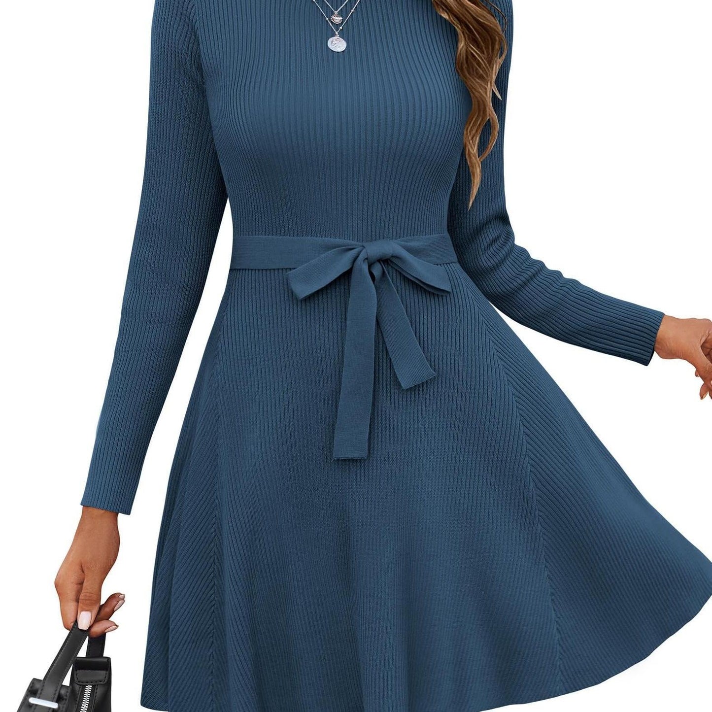 Elegant A-Line Sweater Dress with Belt - Long Sleeve, Crew Neck, Ribbed Knit for Women - Perfect for Fall/Winter