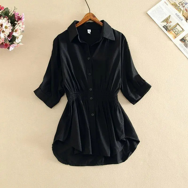 Tunic White Shirt Women Chiffon Blouse Casual Lapel Half Sleeve Button Office Ladies Tops Summer Pleated Slim Waist Loose Blouse