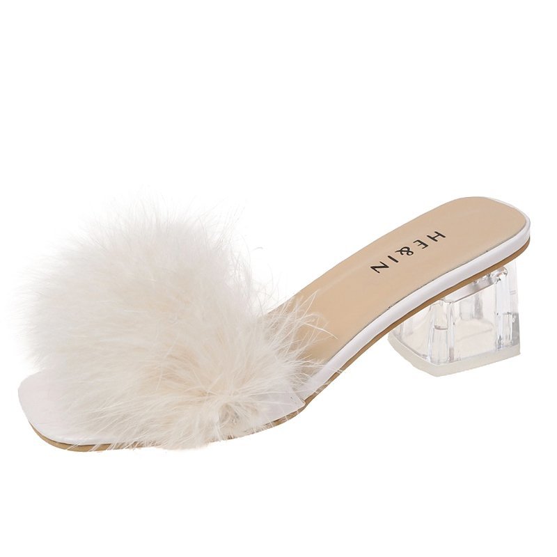 Fluffy Peep Toe Sexy High Heels Women Shoes Fur Feather Lady Fashion Wedding Slip-On Square Toe Women Sandals