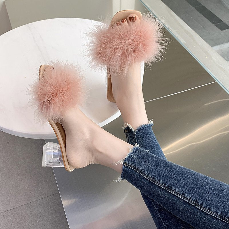 Fluffy Peep Toe Sexy High Heels Women Shoes Fur Feather Lady Fashion Wedding Slip-On Square Toe Women Sandals