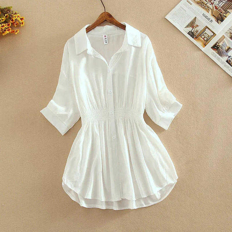 Tunic White Shirt Women Chiffon Blouse Casual Lapel Half Sleeve Button Office Ladies Tops Summer Pleated Slim Waist Loose Blouse