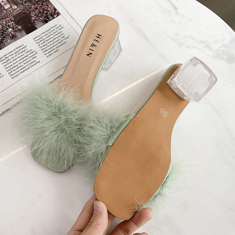 Fluffy Peep Toe Sexy High Heels Women Shoes Fur Feather Lady Fashion Wedding Slip-On Square Toe Women Sandals