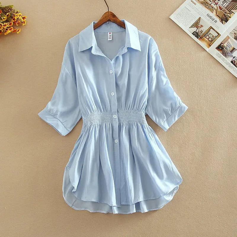 Tunic White Shirt Women Chiffon Blouse Casual Lapel Half Sleeve Button Office Ladies Tops Summer Pleated Slim Waist Loose Blouse