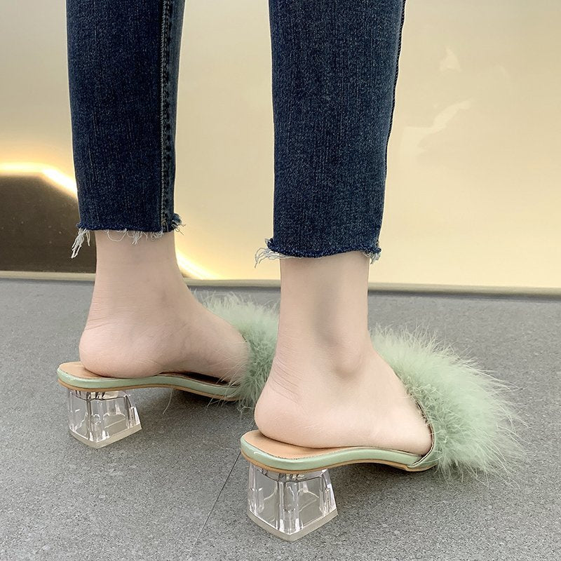 Fluffy Peep Toe Sexy High Heels Women Shoes Fur Feather Lady Fashion Wedding Slip-On Square Toe Women Sandals