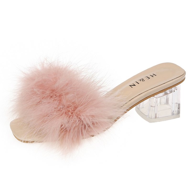 Fluffy Peep Toe Sexy High Heels Women Shoes Fur Feather Lady Fashion Wedding Slip-On Square Toe Women Sandals