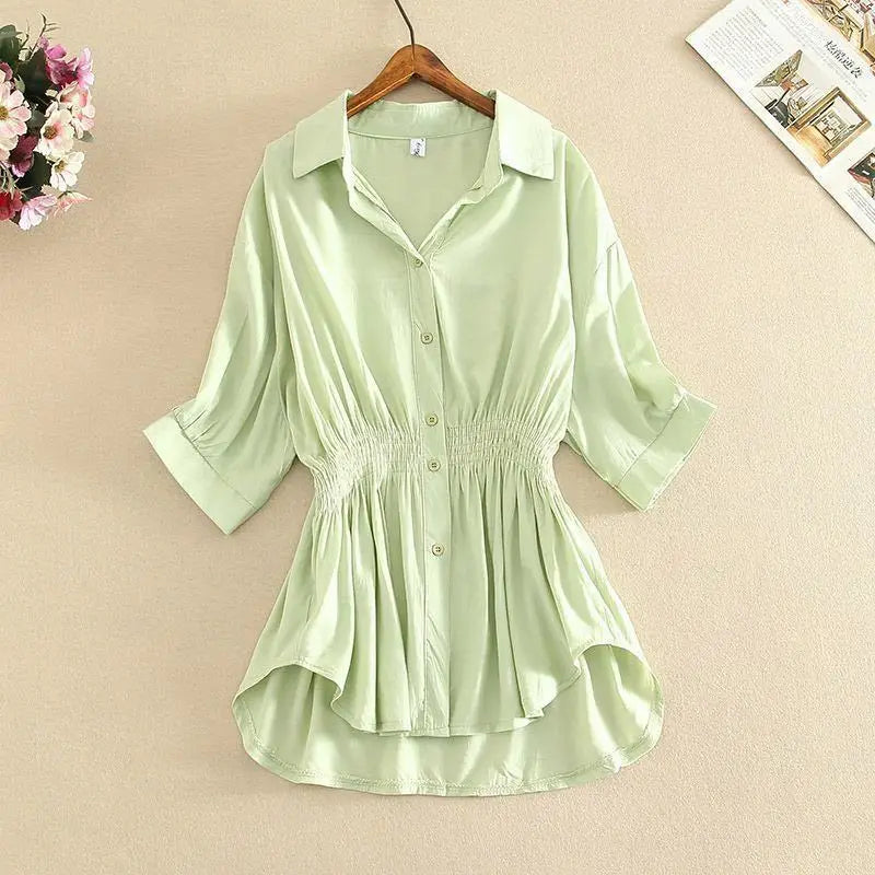 Tunic White Shirt Women Chiffon Blouse Casual Lapel Half Sleeve Button Office Ladies Tops Summer Pleated Slim Waist Loose Blouse