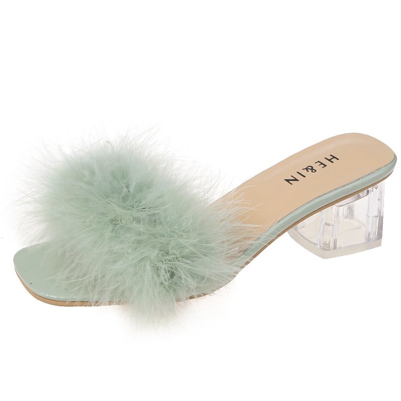 Fluffy Peep Toe Sexy High Heels Women Shoes Fur Feather Lady Fashion Wedding Slip-On Square Toe Women Sandals