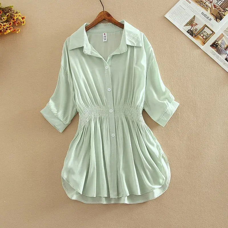 Tunic White Shirt Women Chiffon Blouse Casual Lapel Half Sleeve Button Office Ladies Tops Summer Pleated Slim Waist Loose Blouse