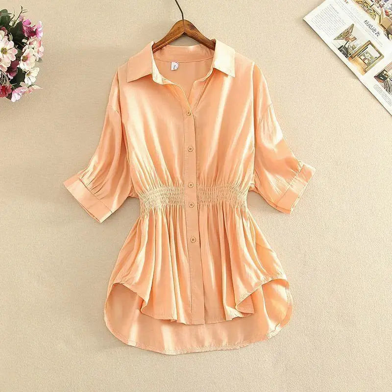 Tunic White Shirt Women Chiffon Blouse Casual Lapel Half Sleeve Button Office Ladies Tops Summer Pleated Slim Waist Loose Blouse