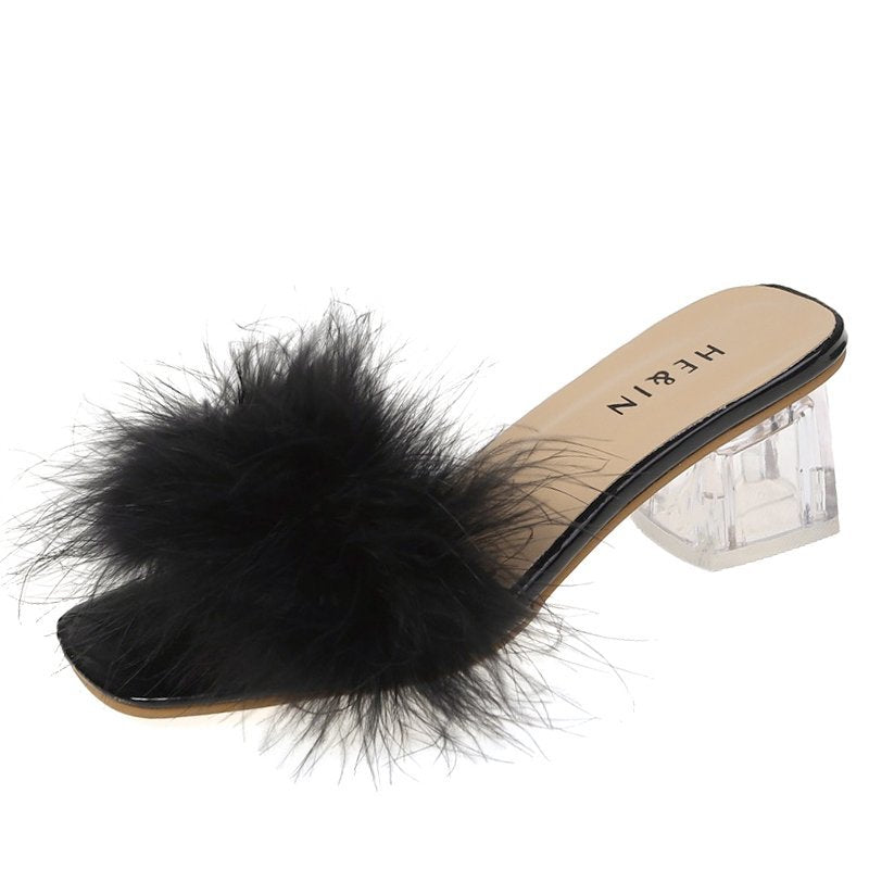 Fluffy Peep Toe Sexy High Heels Women Shoes Fur Feather Lady Fashion Wedding Slip-On Square Toe Women Sandals