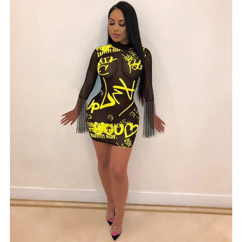 Night Club Party Sexy Dress Women Long Sleeve Tassel Letter Print Fashion Bodycon Dress Mini Black Mesh Sheer Dress