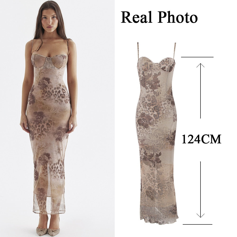 Floral Print Maxi Prom Dress Sexy Mesh Celebrity Evening Party Dresses Bodycon Spaghetti Strap Women Dresses