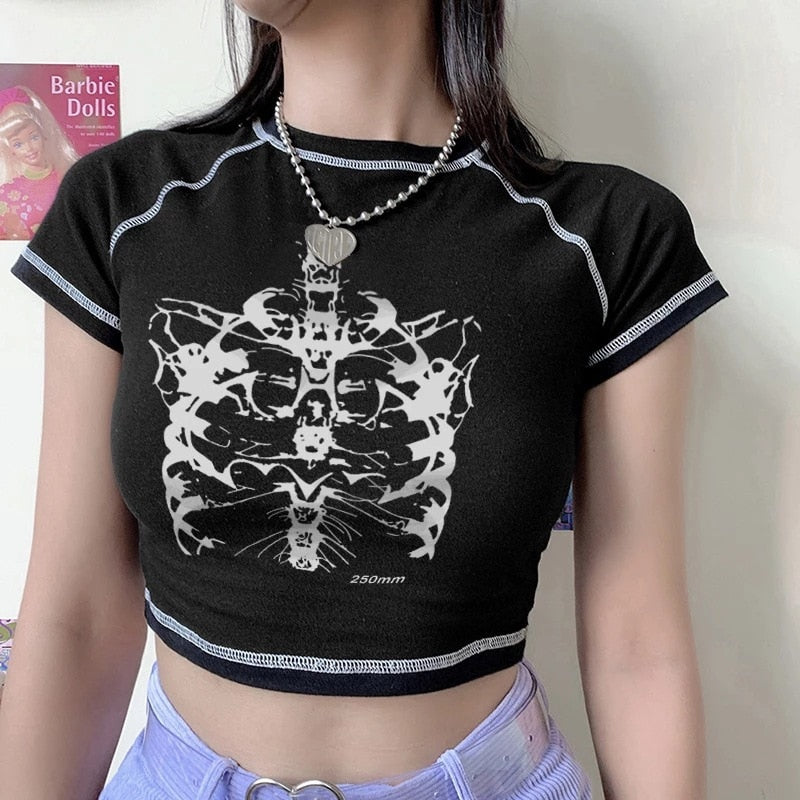 skeleton women's T-shirt Harajuku Y2K black sweet girl slim skull print fun vintage crop top E-girl