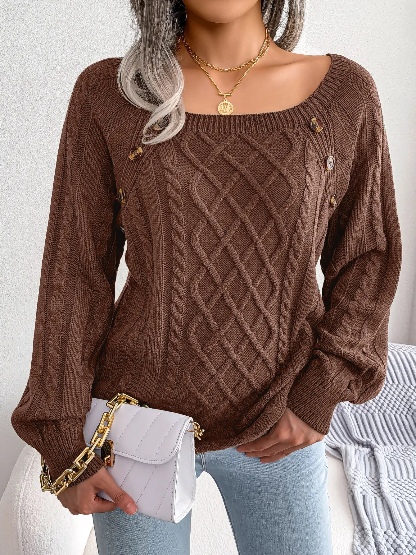 Women Casual Square Collar Buttons Long Sleeve Knitted Pullover Sweater For Autumn Winter