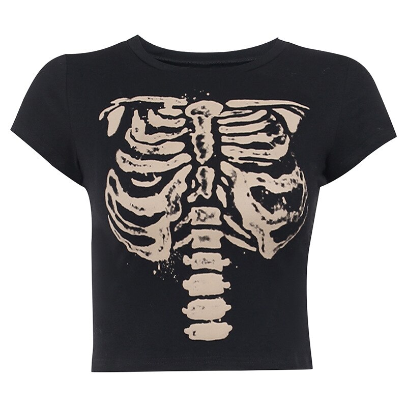 Fashion New Short-sleeved T-shirt Female Skeleton Print Design Tops
