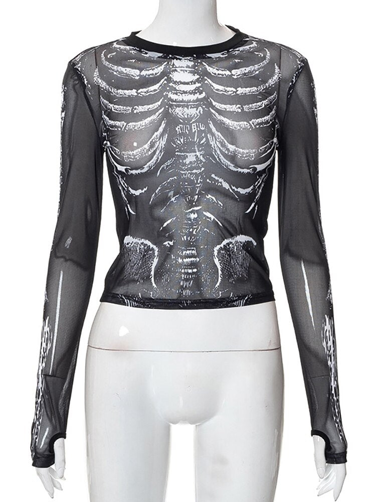 Goth Dark Skeleton Print Mesh Gothic Women T-shirts Grunge Aesthetic See Through Sexy Crop Tops Emo Black e-girl Alt Clothes