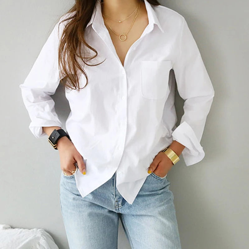 White Shirt Long Sleeve Casual Turn Down Collar Workwear Office Lady Buttons Soft Solid Feminine Top Fashion New
