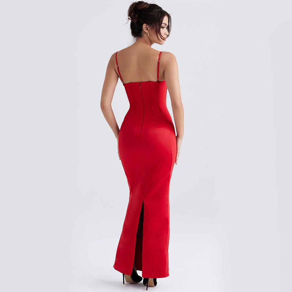 Elegant Spaghetti Strap Prom Dress Red Satin Bodycon Evening Party Dresses Backless Formal Occasion Dress