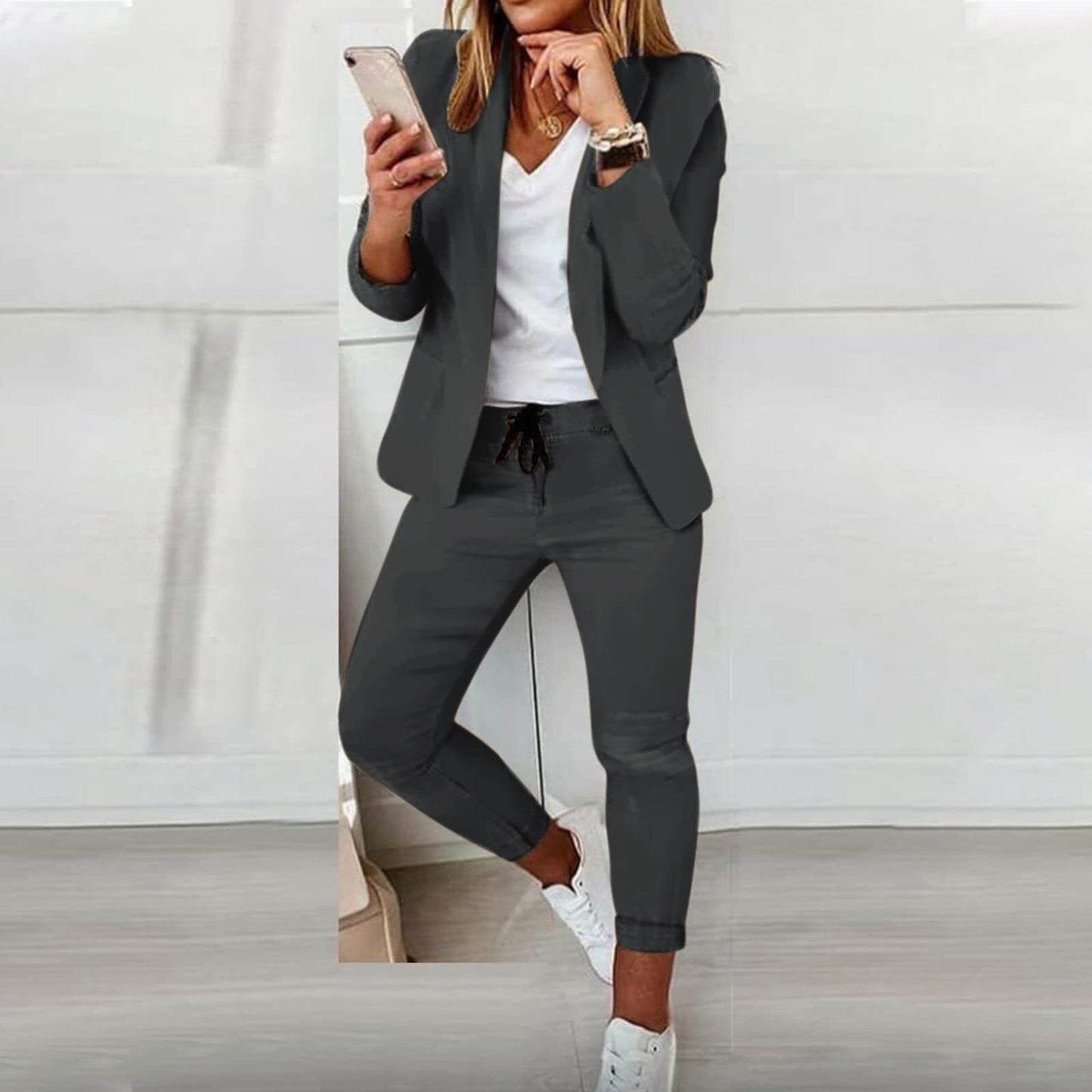 Women Suit 2-piece Jacket + Pants Set New Fashion Casual Turn-down Collar Long Sleeve Blazer Set Office Lady