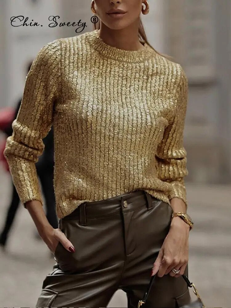 Shiny Gold O Neck Sweater Women Autumn Winter Causal Ribbed Long Sleeve Knit Pullover Elegant Streetwear Loose Lady