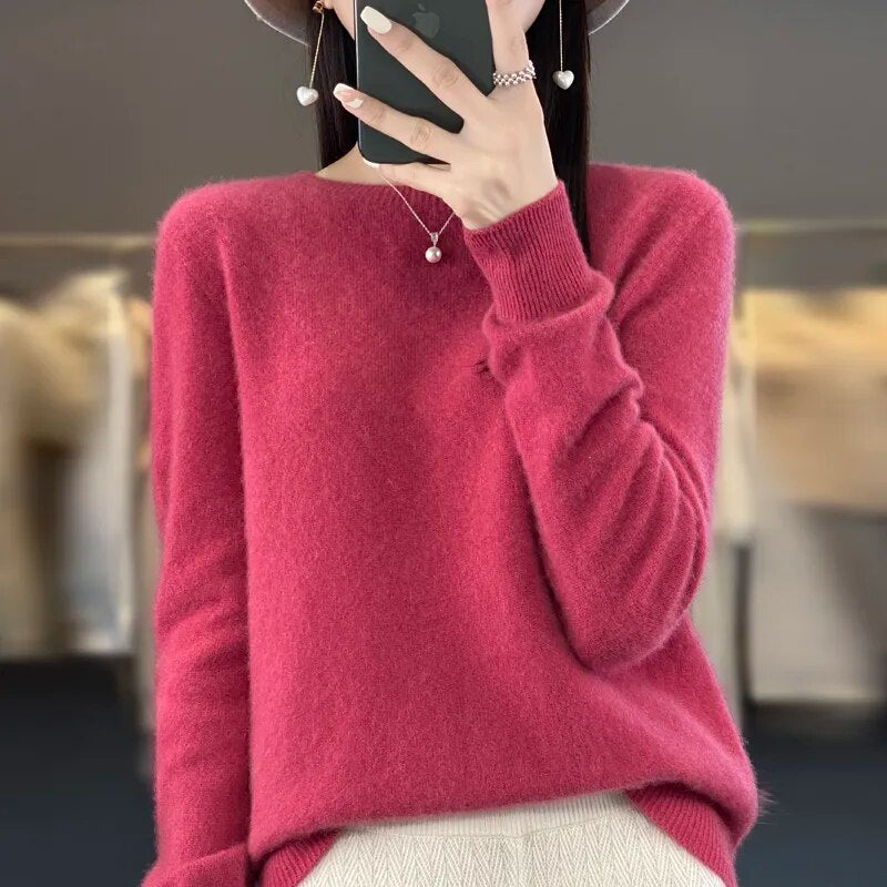 Autumn and winter new ladies 100% pure wool ready-to-wear O-neck warm classic solid color long-sleeved knit pullover