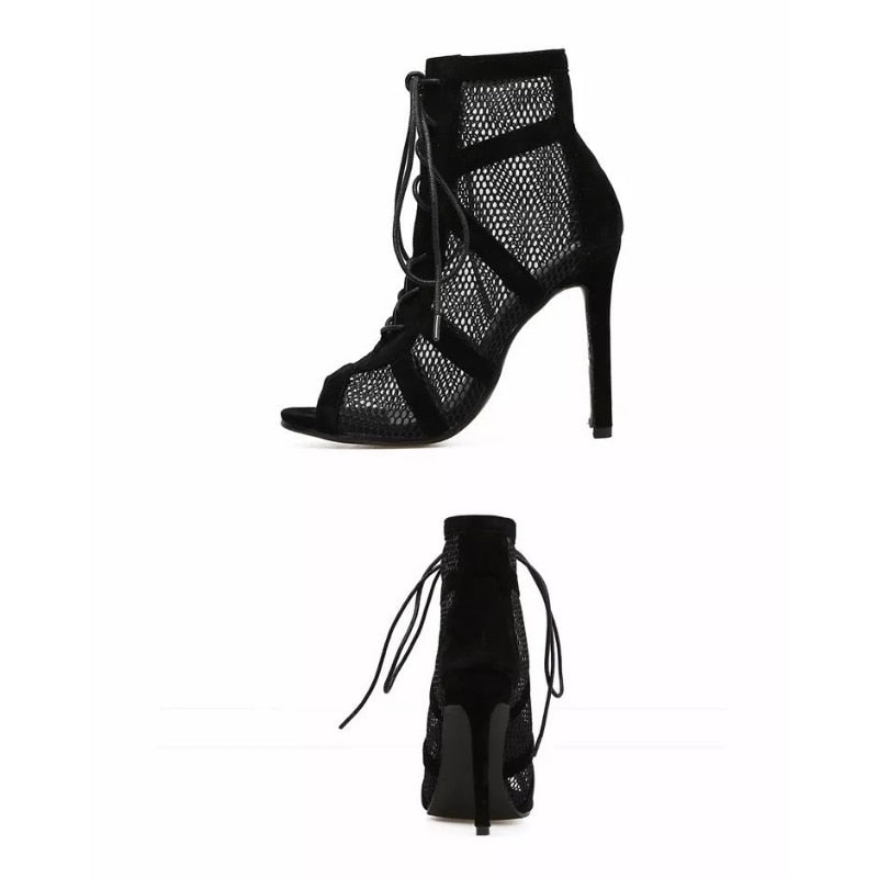 Fashion Show Black Net Fabric Cross Strap Sexy High Heel Sandals Woman Shoes Pumps Lace-up Peep Toe Sandals Casual Mesh