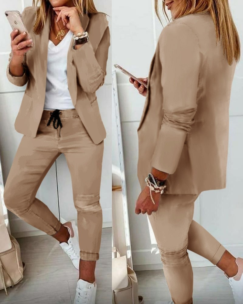 Women Suit 2-piece Jacket + Pants Set New Fashion Casual Turn-down Collar Long Sleeve Blazer Set Office Lady