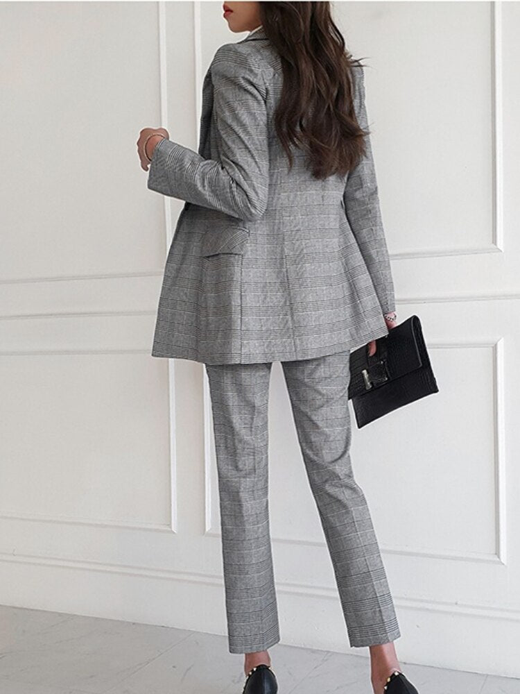 Women Elegant Formal Business Blazer 3 Pieces Suit Office Plaid Jacket Vest Pantsuit Fashion Female Vintage