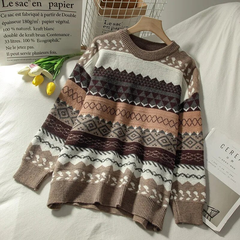 Sweater female art retro new fashion autumn and winter Japanese diamond pullover