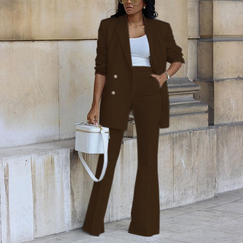 Solid Double-breasted Casual Wide Leg Trousers Suit