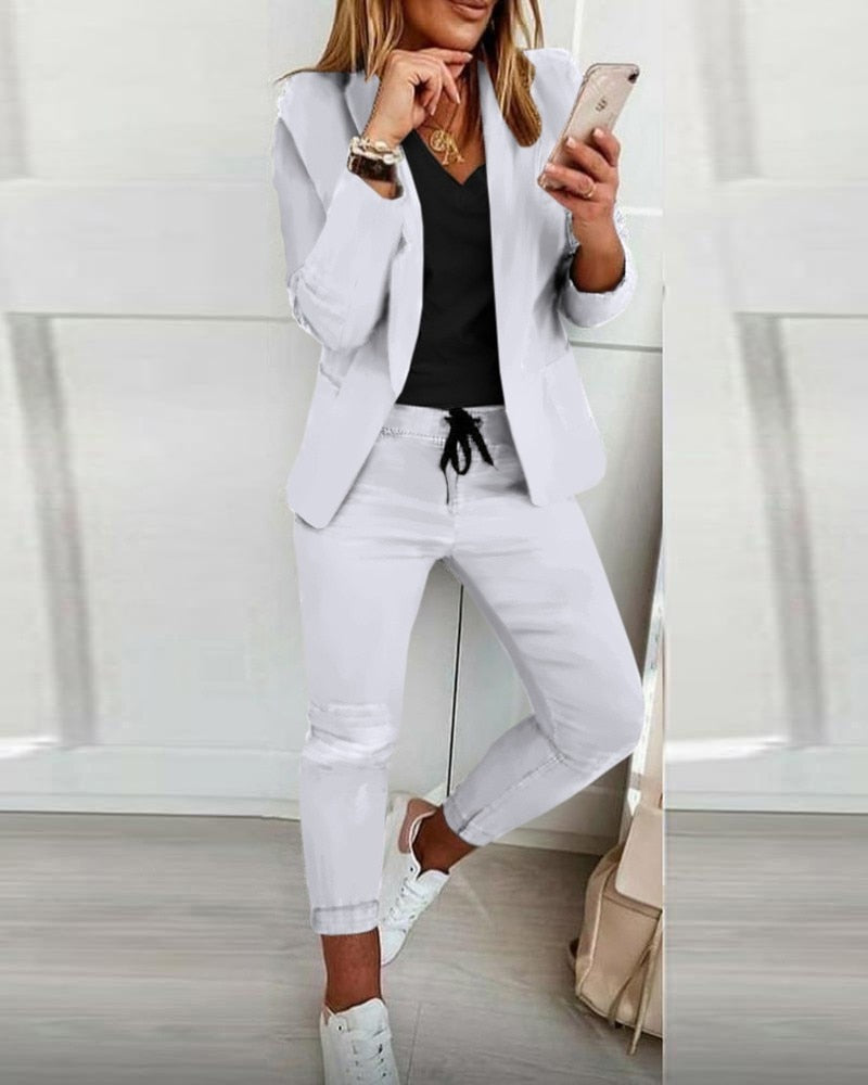 Women Suit 2-piece Jacket + Pants Set New Fashion Casual Turn-down Collar Long Sleeve Blazer Set Office Lady