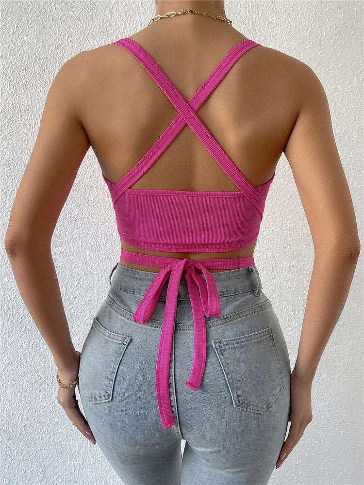 Pink Crisscross Tie Back Crop Halter Top Women Street Club Wear Y2K Clothes Solid Rib Knit Cami Top Tanks Streetwear