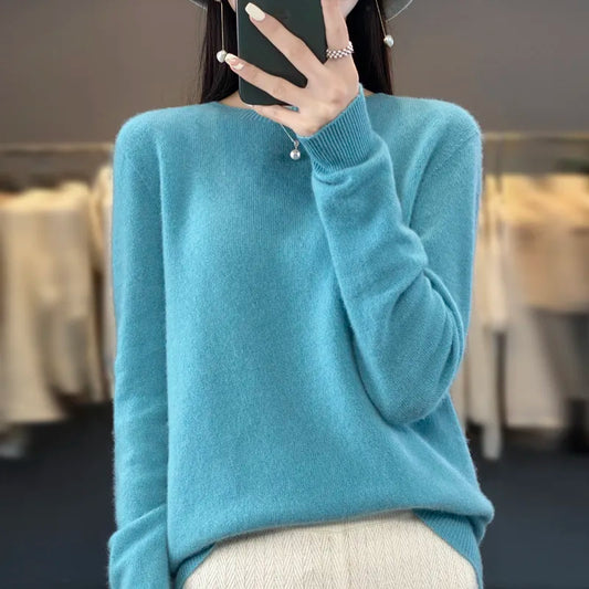 Autumn and winter new ladies 100% pure wool ready-to-wear O-neck warm classic solid color long-sleeved knit pullover