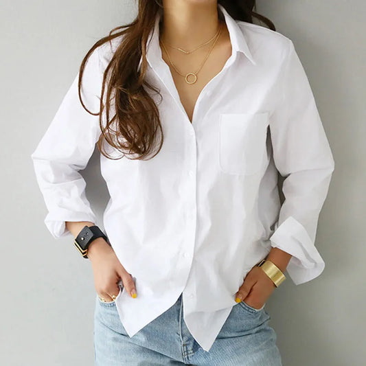 White Shirt Long Sleeve Casual Turn Down Collar Workwear Office Lady Buttons Soft Solid Feminine Top Fashion New