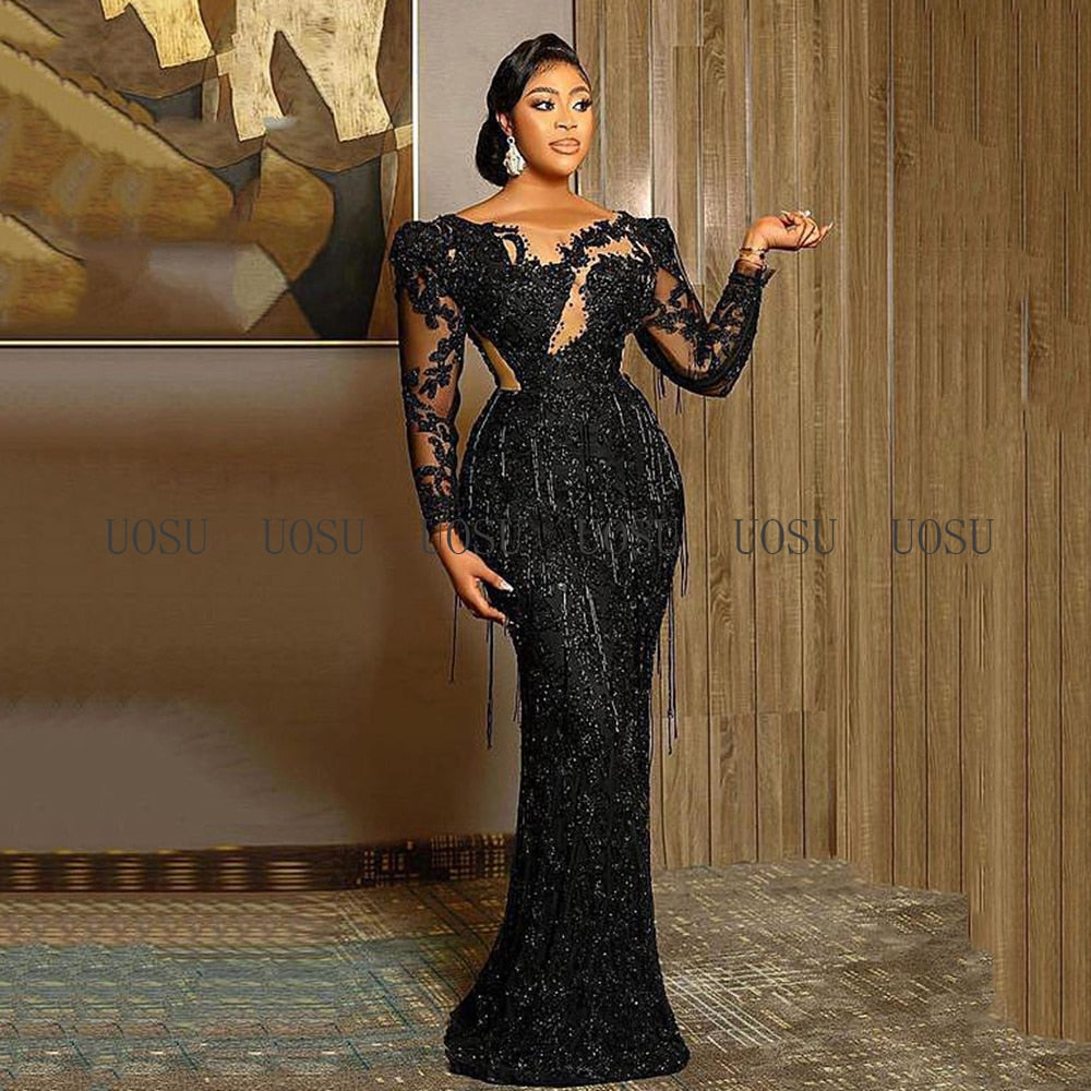 Evening Dresses Black Luxurious Mermaid Prom Dress Lace Beaded Tassel Sheer Neck Formal Party Reception Gowns Robe