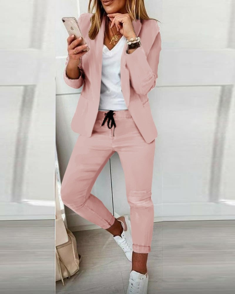 Women Suit 2-piece Jacket + Pants Set New Fashion Casual Turn-down Collar Long Sleeve Blazer Set Office Lady