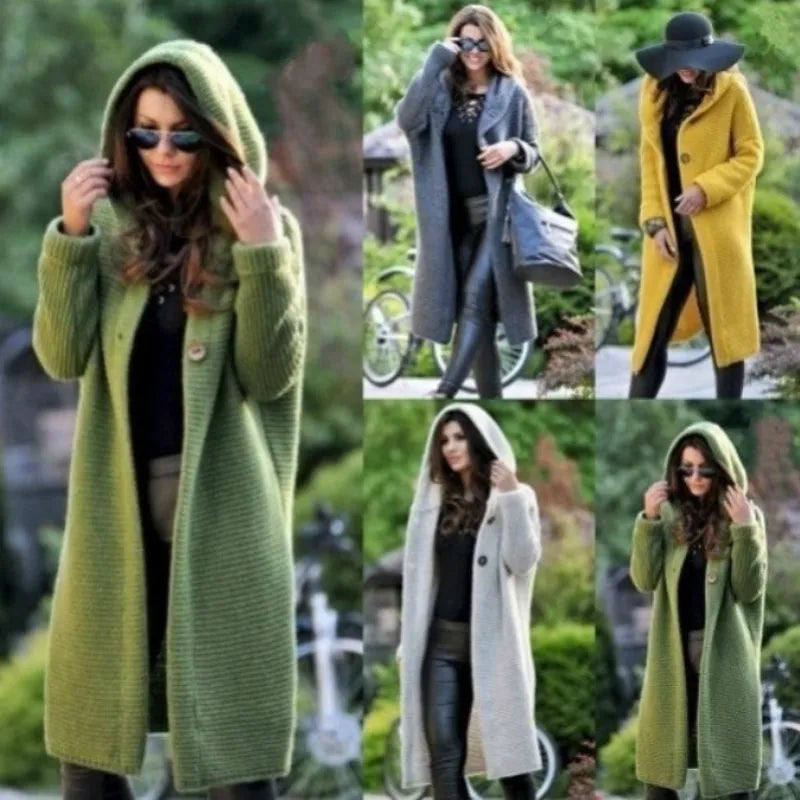 Women's Long Polyester Cardigan Autumn Spring Hooded Solid Color Vintage Elegant Fashion Streetwear Female Coat