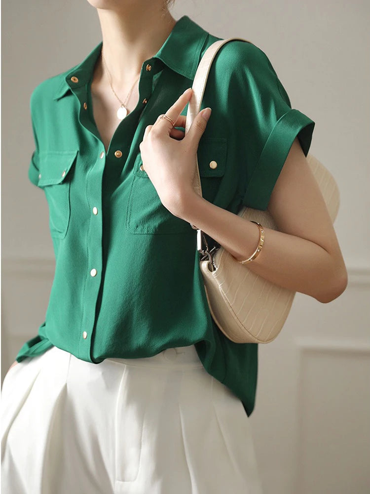Summer Blouses Shirts Women Short Sleeve Tops Solid Lapel Pockets White Shirts Office Lady Korean Female blouse