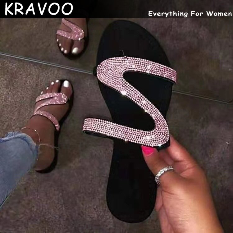 Women Shoes Z-shaped Rhinestone Beach Sandals Flip Flops Slippers Women Plus Size