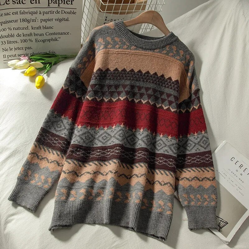 Sweater female art retro new fashion autumn and winter Japanese diamond pullover