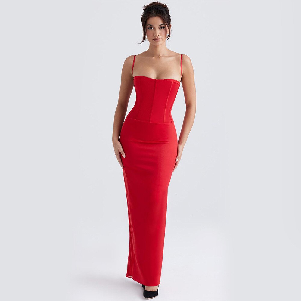 Elegant Spaghetti Strap Prom Dress Red Satin Bodycon Evening Party Dresses Backless Formal Occasion Dress