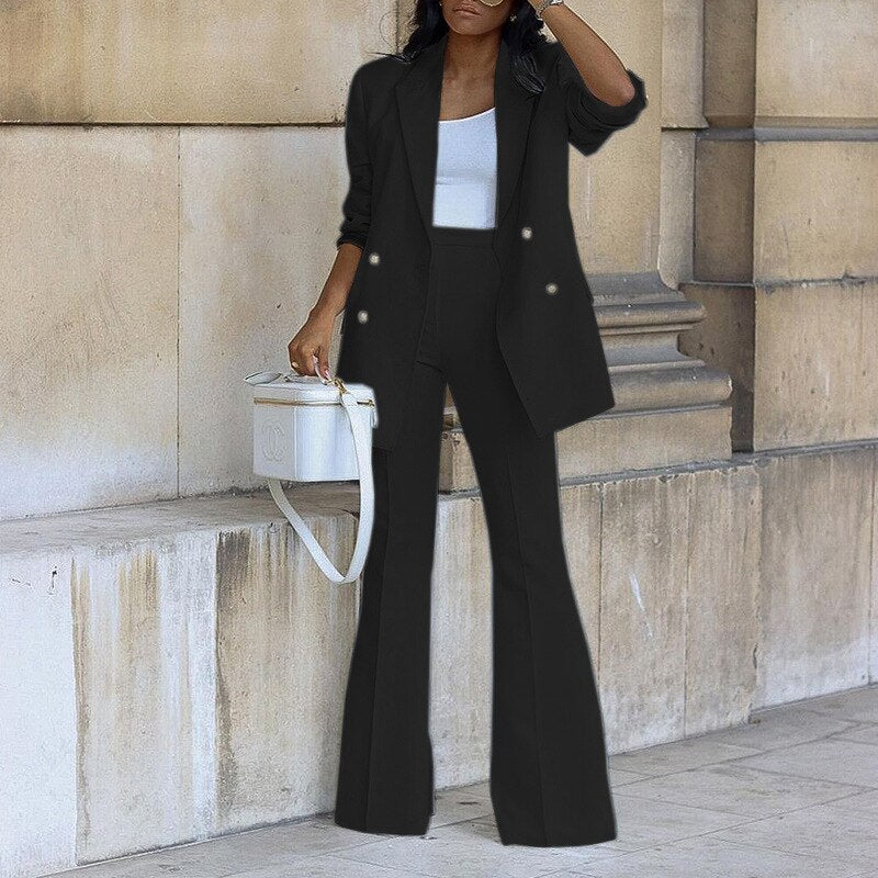 Solid Double-breasted Casual Wide Leg Trousers Suit