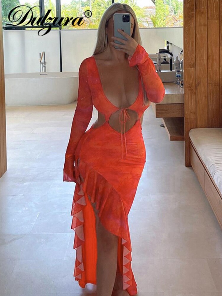 Summer Ruffle Sexy Hollow Out Long Sleeve Backless Side Slit Bodycon Maxi Dresses For Women