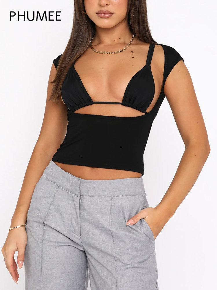 Black Short Sleeve Crewneck Backless Crop T Shirts Women Summer Sexy Tank Tee Top Club Street Clothes