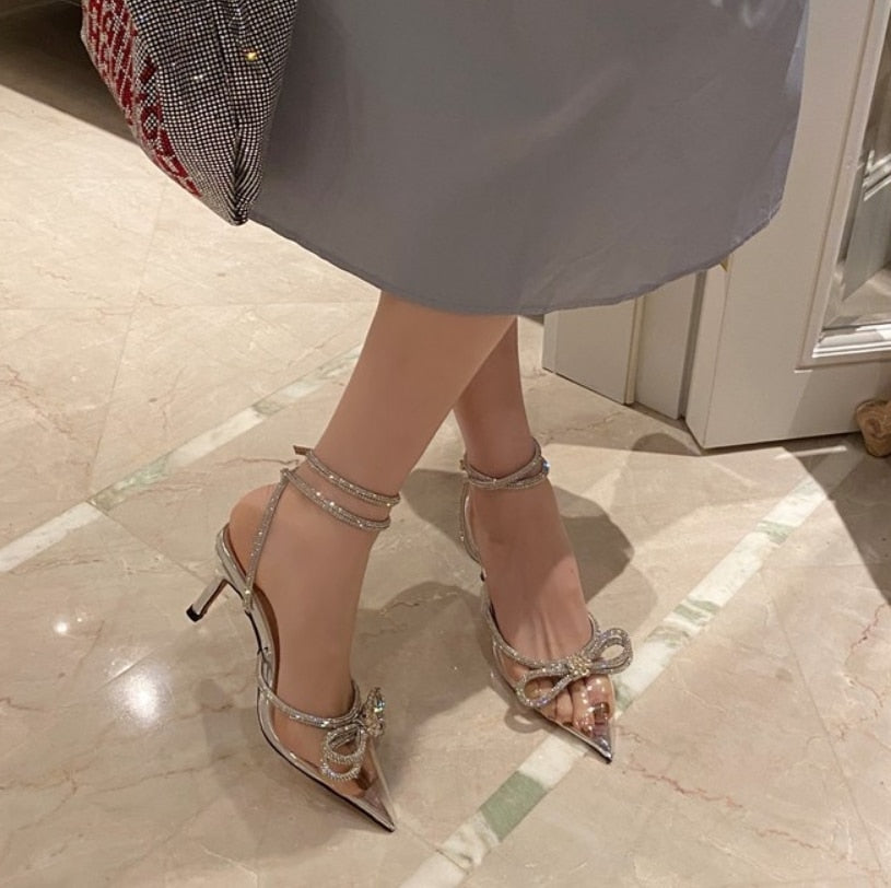 Fashion Women High Heel Rhinestone Woman Pump Crystal Bowknot Ankle Strap Ladies Shoes