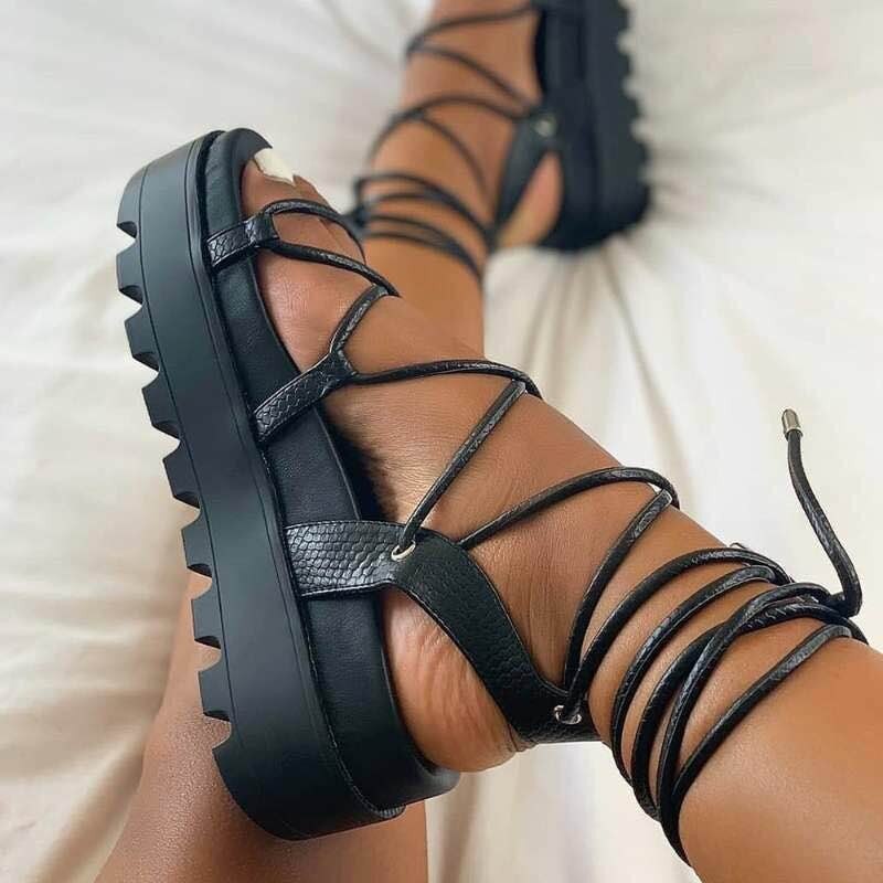 Fashion Woman Gladiator Sandals Open Toed Sandals Female Lace Up Platform Shoes