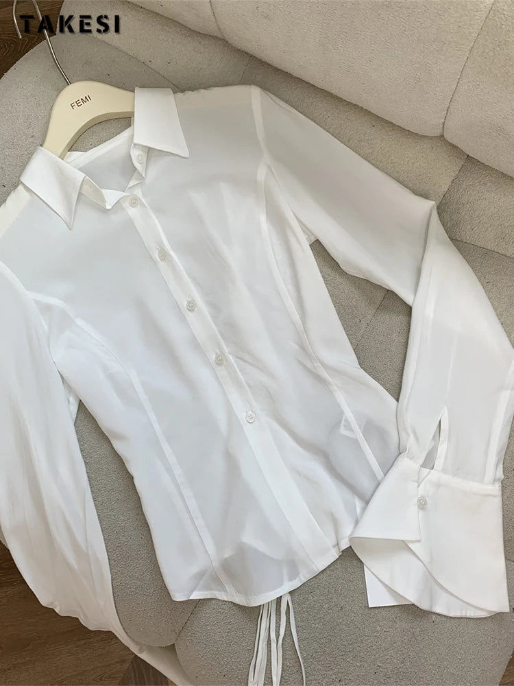 Hot Girl Sexy  Slim White/ Black Chiffon Shirt Turn-down Collar Flare Sleeve Tunic Bandage Design Blouses